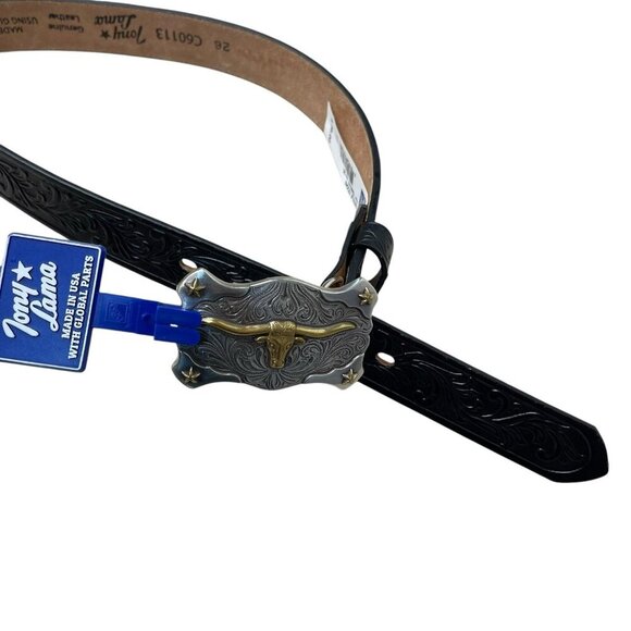 TONY LAMA KID'S LEATHER FLORAL AND LONG HORN BELT Made in USA Size 26 NEW - Picture 1 of 9